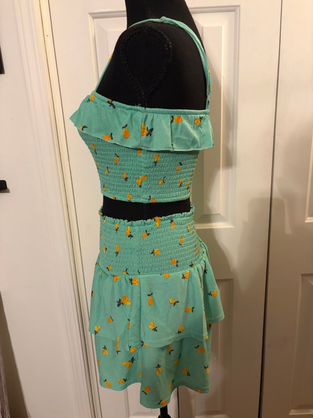 Mint Green Floral Smocked Skirt Set with Ruffle Details - Picture 3 of 8